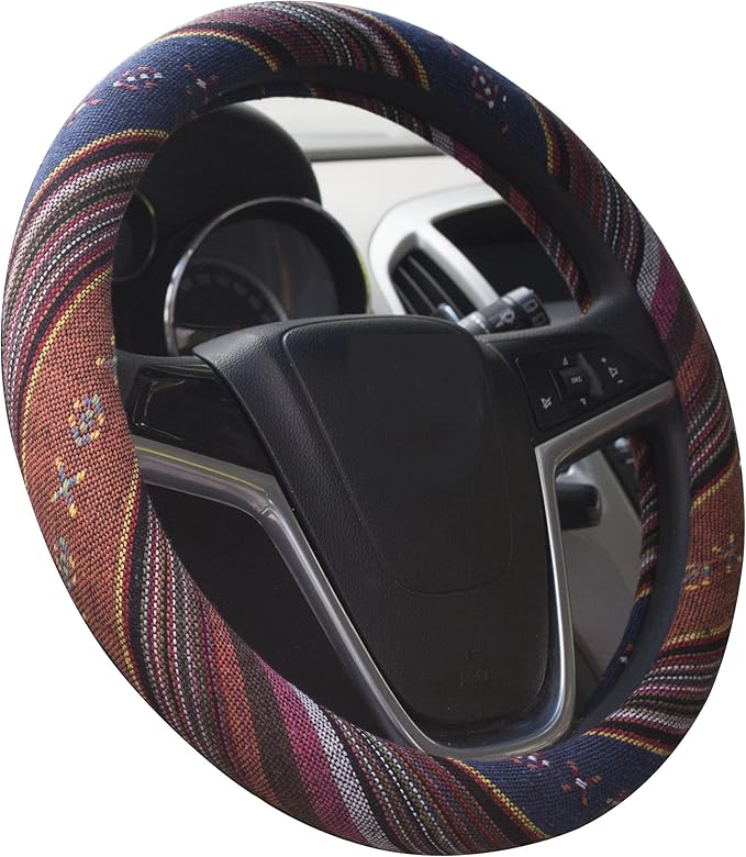 Medium Ethnic Style Coarse Flax Cloth Automotive Steering Wheel Cover Anti Slip and Sweat Absorption Auto Car Wrap Cover (14.5''-15'',F)