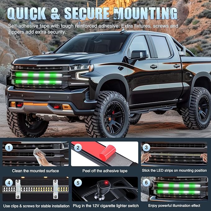 Nilight 2PCS 24 inch Truck Grille Strobe Lights Strip 384 LED Emergency Light Green White Flexible Side Flashing Warning Caution Safety Waterproof Lighting Kit for Trucks Tow Plow Construction Vehicle
