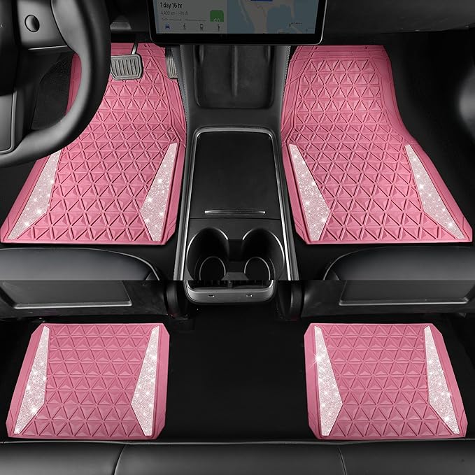 CAR PASS Bling Diamond Car Mats Rubber Floor Mats Full Set Anti-Slip 3D Rhombus Waterproof Trim to Fit Liner Universal Glitter Crystal Sparkly Shining Rhinestone Girl Women SUV Sedan Van, Pink Rubber
