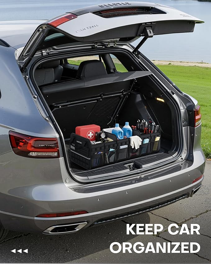 HOTOR Tactical Car Trunk Organizer - Foldable Trunk Organizer for SUV with Front MOLLE Pocket & Reflective Strips, Essential Car Accessories for Tools & Outdoor Storage, 11.6" x 31.9" x 11.0", Black
