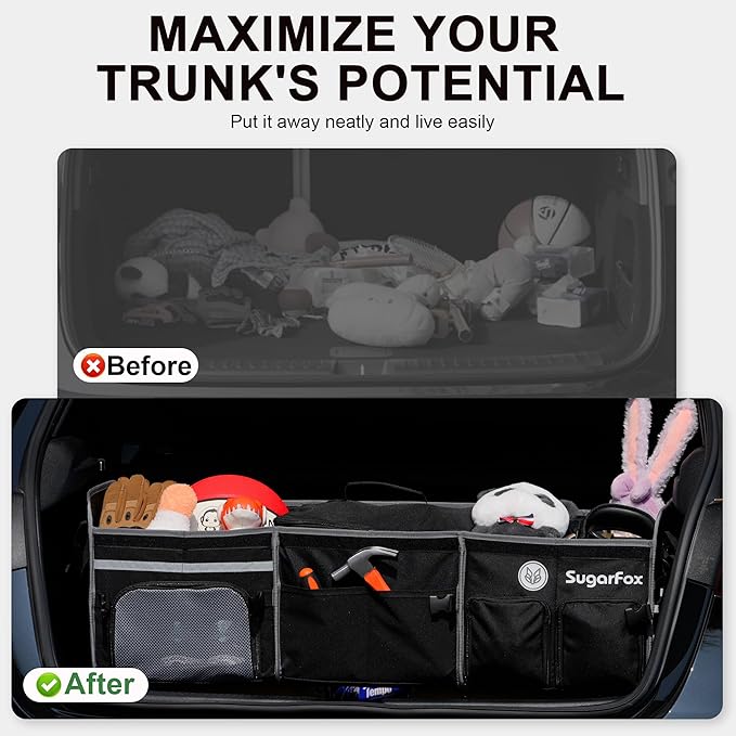 Bold Color Block Trunk Organizer | 95L, 35"x13.8"x11.8" | Dedicated Shoe Storage & 26L Ice Pack | Foldable for SUV/Car/Jeep | Stylish Gift & Essential Car Accessories for Drivers - Black-X212