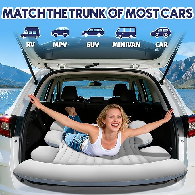 SUV Air Mattress with Air Pump,Thickened Camping Bed with 2 Pillows,Portable Car Air Mattress,Quick Easy Set-Up,Inflatable Bed for car,Durability Car Bed for SUV,Home,Travel,Camping(GreyWhite)