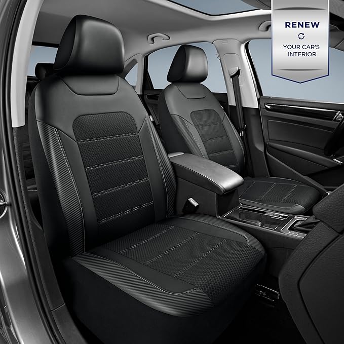 PIC AUTO Car Seat Covers, Premium Leather and Air Mesh with Carbon Fiber Automotive Sports Seat Covers, Two Front Set, Airbag Compatible Universal Fits Most Cars, SUVs, Trucks and Vans (Black & Black)