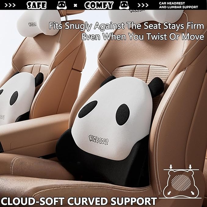 Cute Panda Car Neck Pillow & Lumbar Support Memory Foam Cushion for Driving Adjustable Headrest Waist Pillow for Most Seats (Black, Backrest)