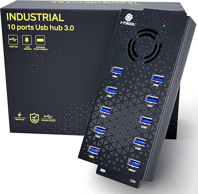 USB 3 0 Hub - 10 Ports Powered USB Hub - Charging & High-Speed Data Transfer USB Expander Hub - up to 5Gbps High-Speed USB Splitter - Aluminum Alloy Multiple USB Port Hub for Laptop Phone Tablet PC