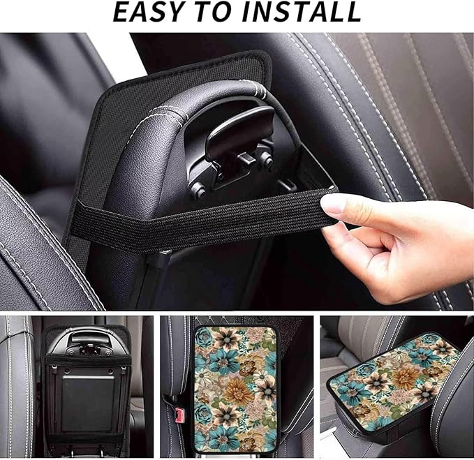 Car Center Console Cover Vintage Floral Auto Armrest Padded Armrest Cushion Leaf Brown Retro Easy Install for SUV Sedan Cars Comfort Protection for Most Vehicle, SUV, Truck, Sedans