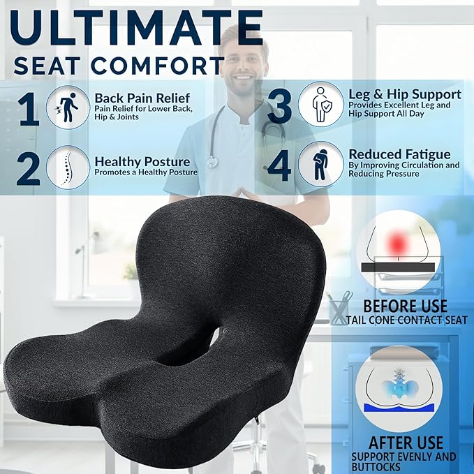 Casimer Ergonomic Seat Cushion for Truck Drivers, Office Chairs, Car Seats Memory Foam Chair Pad for Back Pain, Non-Slip, Long Sitting Support, Car Seat, Desk Chair Use (Black)