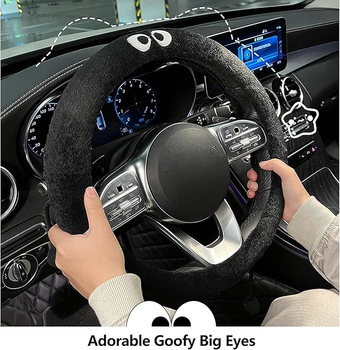 Car Headrest Pillow & Steering Wheel Cover Set with Cute Big-Eyed Furball Travel Neck Support Pillow Fur Car Interior Accessory (Black Ring Cover)