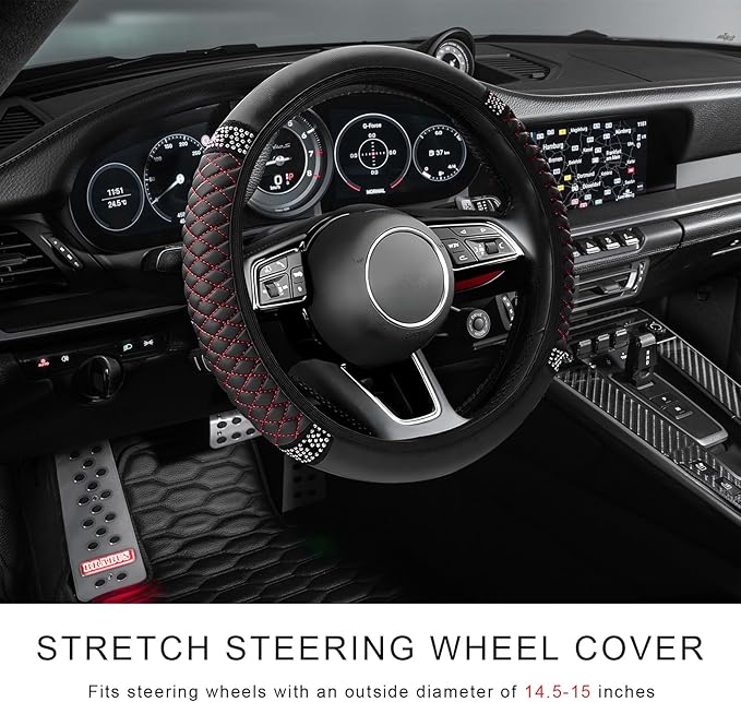 Bling Soft Leather Steering Wheel Cover, 14.5-15 Inch Sparkly Rhinestones Non-Slip Car Steering Wheel Protector, Elastic Auto Steering Wheel Cover Interior for Women Girls (Black & Red)