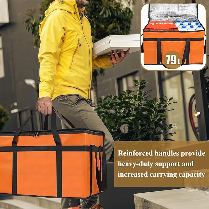 PEASUG Insulated Bags for Food Delivery, XXXL Pizza Delivery Bags, Large Capacity Cooler Bag Keep Food Warm for Grocery Shopping and Catering, Foldable, Heavy-Duty (Orange)