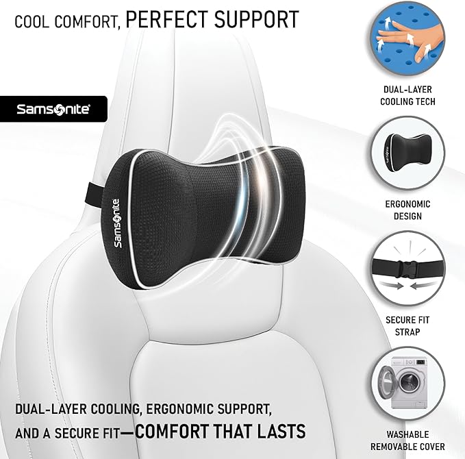 Samsonite Car Neck Pillow, Soft Memory Foam Headrest Pillow for Driving, Ergonomic Car Seat Headrest Cushion with Adjustable Strap, Breathable & Removable Cover, Neck Pain Relief, Black