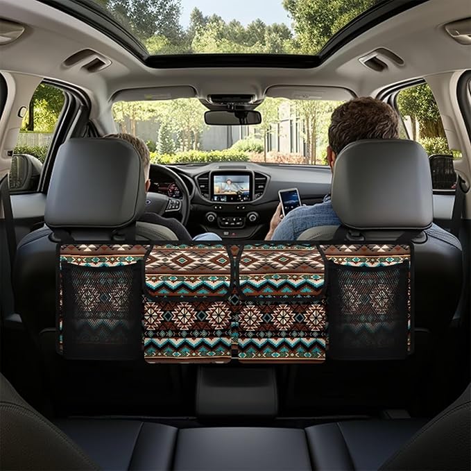 Tribal Aztec Print Car Trunk Organizer and Storage, Backseat Hanging Organizer for SUV, Truck, Waterproof Cargo Storage Bag with 4 Pockets, Car Interior Accessories