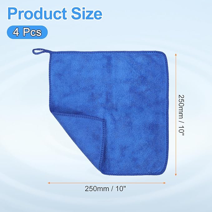 HARFINGTON 4 Pack Microfiber Cleaning Cloth, 10" x 10" Multi-Functional Cleaning Towels Reusable Absorbent Rags with Hook for Car Wash Kitchen Household Window Clean, Sapphire Blue