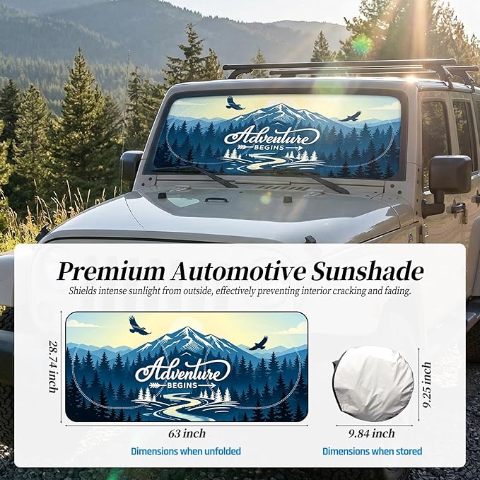 63"x28.5" Car Windshield Sun Shade with Storage Pouch, Stylish Printed Front Window Sunshade with Double Ring Frame, Universal Fit Foldable Heat Blocker & UV Protector for SUV, Sedan (Adventure-Peak)