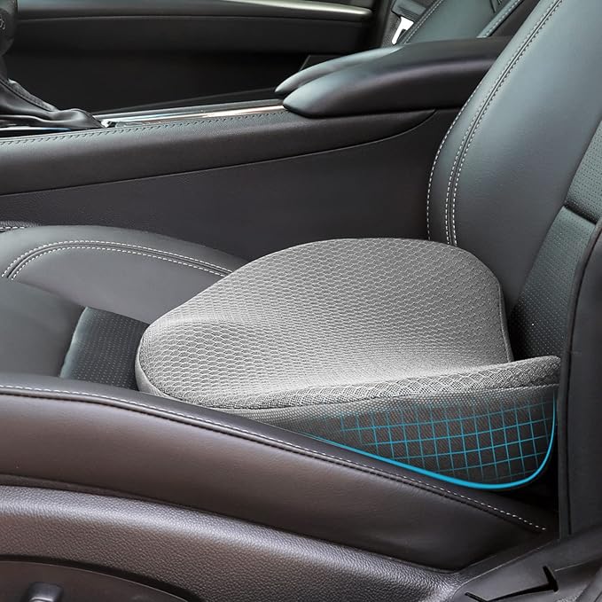 Car Seat Cushion for Driving - Comfort Memory Foam for Car Driver Seat- Back Support & Pain Relief - Car Travel Accessories for Long Trips (Gray)