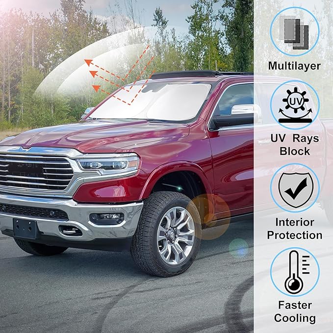 Windshield Sun Shade for 2011-2024 2025 2026 Dodge RAM 1500 Accessories CrewCab,MegaCab Pickup,2Dr RegularCab,4Dr QuadCab Custom Fit Foldable Sunshade