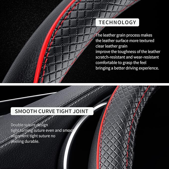 GXT Steering Wheel Cover, PU Leather, Universal 15 Inches, Non-Slip, Odourless Car Interior (Black Red)