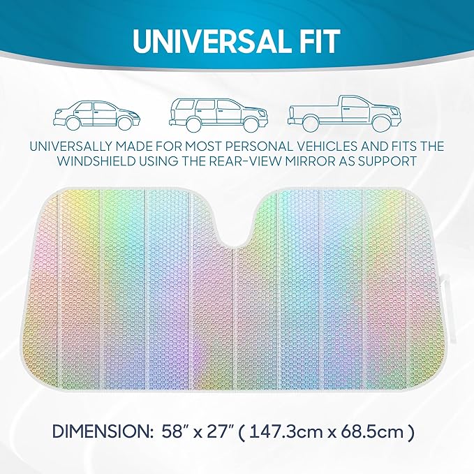 BDK Iridescent Mermaid, Hologram Foil, Chameleon Front Windshield Sun Shade, Double Bubble Accordion Folding Auto Sunshade for Car Truck SUV 58 x 27 Inch