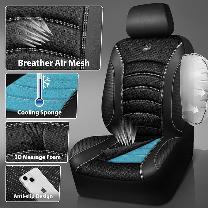 CAR PASS Comfortable 3D Foam Mesh Leather Car Seat Covers Full Sets, Air Cool Mesh Breathable Seat Covers for Car, Universal 5 Seats Fit for SUV Truck Sedan Automotive, Airbag Compatible,Black Gray