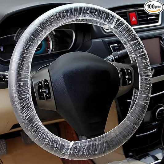 100PCS Disposable Steering Wheel Cover, Plastic Transparent Car Steering Wheel Covers with Elastic Trims, Universal Steering Wheel Protector, Interior Car Accessories