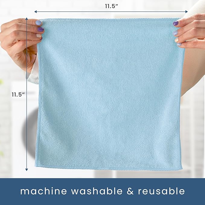 S&T INC. 100 Pack Microfiber Cleaning Cloth, Bulk Towels for Home, Reusable Microfiber Towels for Cars, Cleaning Rags, Light Blue, 11.5 Inches x 11.5 Inches, 100 Count(Pack of 6)