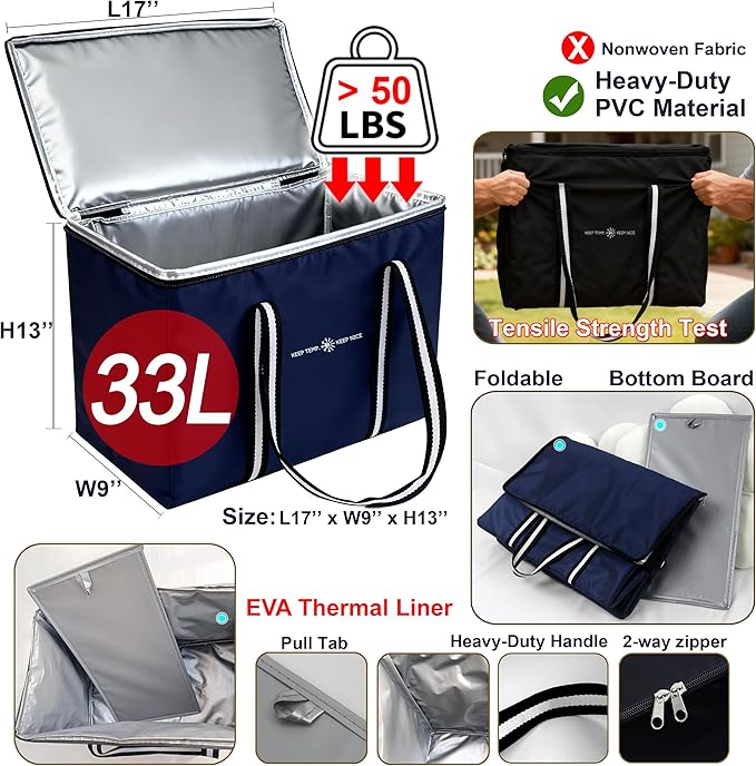 Insulated Food Delivery Bag, Large Durable Reusable Shopping Grocery Bag with Zipper – Foldable Thermal Cooler Bag for Hot & Cold Food, Pizza Delivery & Catering