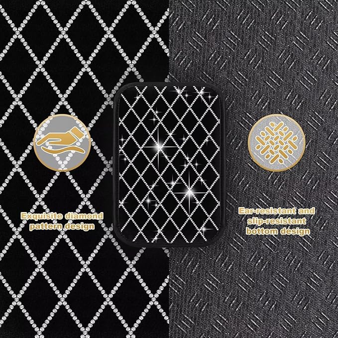 Bling Center Console Cover with 2 Side Pockets Fit for Camry Multi-Functional Car Armrest Cushion Diamond-Studded Rhombus Pattern Style(Black&Silver Diamond)