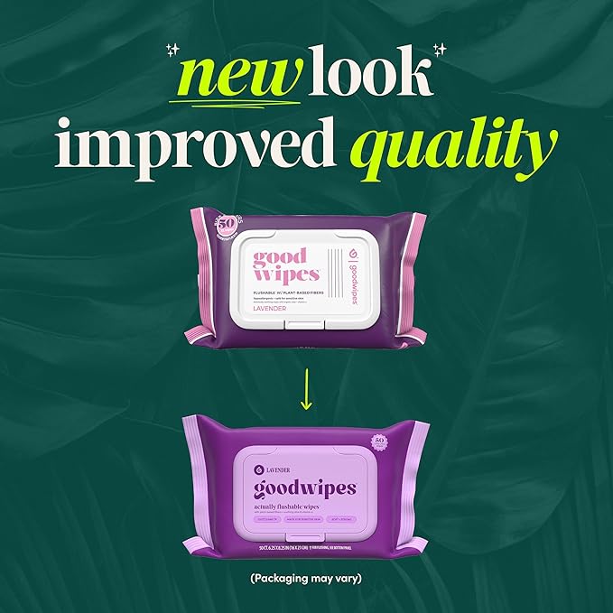 goodwipes Flushable Butt Wipes - Vitamin E & Aloe - Sewer & Septic Safe - Extra Large Adult Wet Wipes For Women & Men - Bathroom Essentials - Lavender, 153 Count (3 Packs + 3 Individually Wrapped)