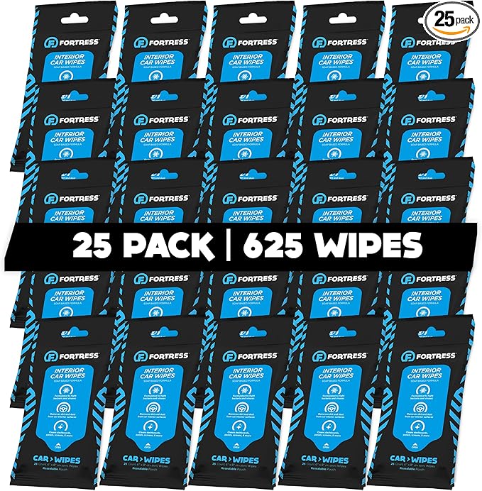 Fortress Car Interior Wipes (25 ct, Pack of 25) for Car Interior Cleaning, Dashboard, Seats, Detailing, and Steering Wheel [Travel Size] Skin-Safe Car Interior Cleaner Supplies