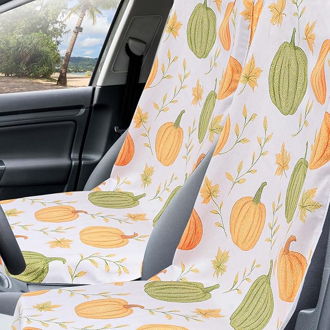 2 Pack Car Seat Towel Covers with Storage Bag 63 x 32 Inch Athletic Running Towel Seat Sweat Washable Non Slip Cover Gift for Car Outdoor Sport Activities (Yellow Pumpkin,Green Pumpkin)