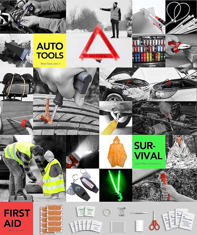 Kitgo Car Emergency Kit,Premium Roadside Assistance Essentials with Jumper Cables, Flashlight, Shovel, Screwdriver Set - Ideal Auto Road Safety Kit, Survival, Truck, RV and More Gift for Father (Red)