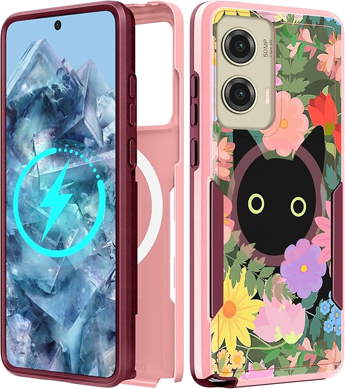 for Moto G Stylus 5G 2024 Case - Compatible with MagSafe Women Girls Cute Magnetic Phone Cover Girly Cat Flower Floral Heavy Duty Shockproof Design for Motorola Moto G Stylus 5G 2024 Cases