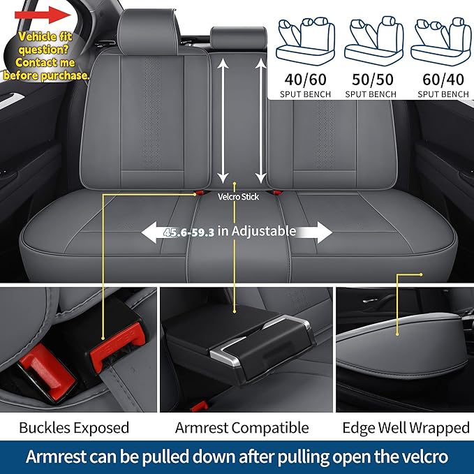 Chezope Car Seat Covers Full Set, Grey Leather Seat Covers, Breathable Front and Back Car Seat Protectors, Wear-Resistant Seat Covers Universal Fit for Most Cars SUV Truck (Grey-Solid, Full Set)
