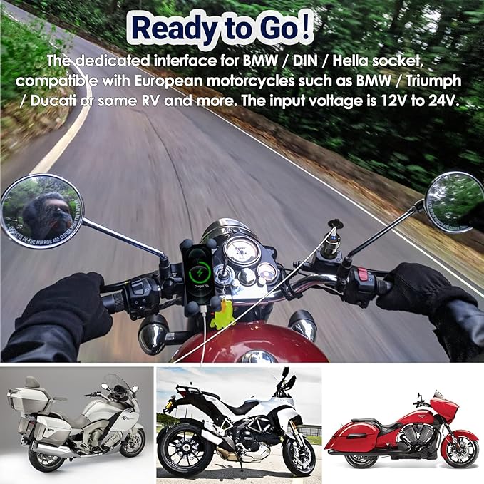 USB C 30W PD3.0 Fast Charger Din to USB, Hella Plug USB Adapter, 18W QC3.0 Power Outlet, Aluminum Voltmeter for 12V-24V Ducati Triumph BMW Motorcycle and More European Style Motorcycles