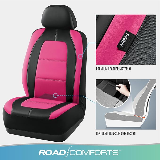 Road Comforts Car Seat Cover, Leather Car Seat Covers, Front Low Back Sport Seat Covers, Airbag Compatible, Universal Fits for Most Cars (Hot Pink