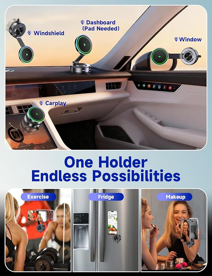 for Magsafe Car Mount Charger, 15W Faster Charging Wireless Car Charger [105+LBS Suction & 3800gf Magnetic] 360° Adjustable, Magnetic Phone Holders for Your Car for iPhone & Android