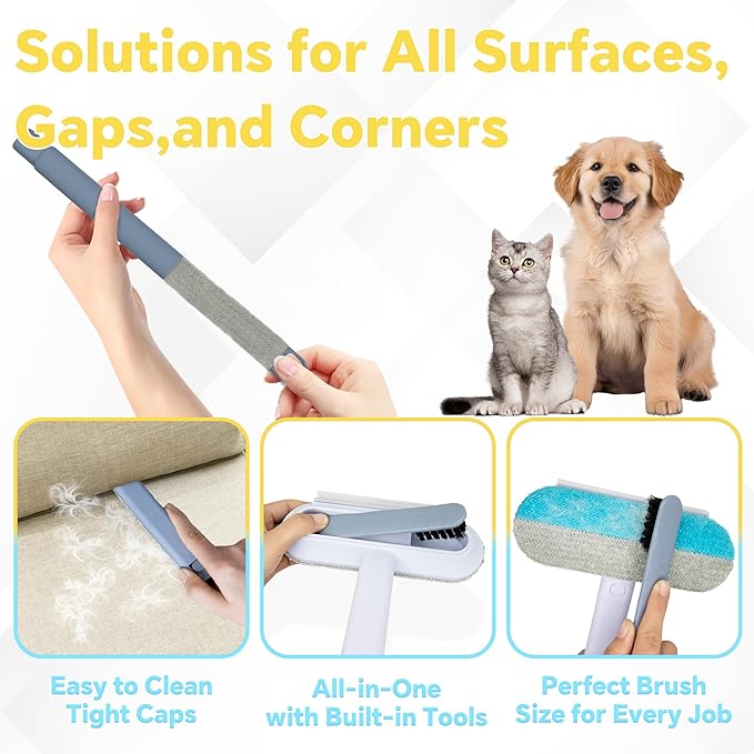 Pet Hair Remover for Furniture, Reusable Lint Cleaner for Dog and Cat Hair, 17.3Inch Multifunctional Hair Removal Brush, Gentle on Couches, Carpets, Clothes, Bedding, with Long Handle Squeegee