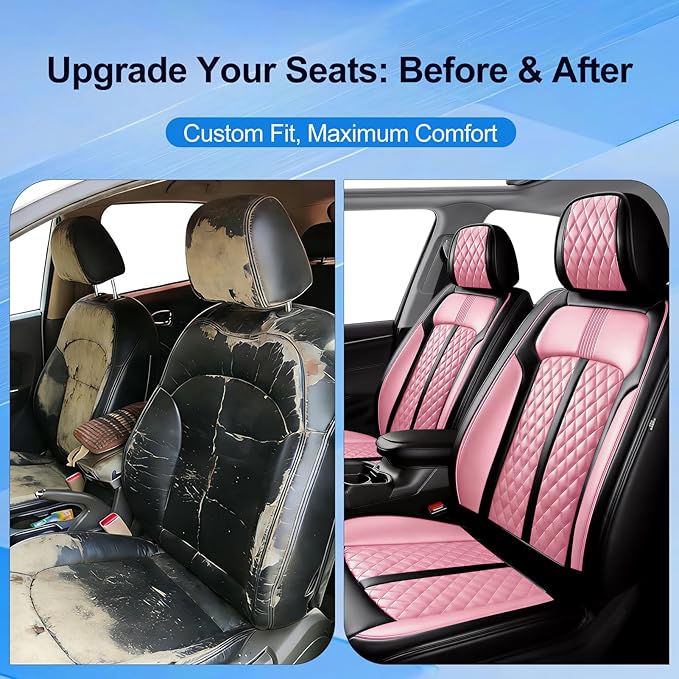 Car Seat Covers for Select Honda Fit 2007-2020, Premium Full Coverage Leather, Airbag Compatible& Scratch-Resistant, Waterproof & All Weather Breathable Seat Protector, Front Pair Black+Pink
