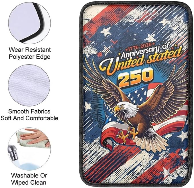 Dreaweet 250th Anniversary Car Center Console Cover Pad Scratch-Resistant & Universal Arm Rest Cover for SUV Sedan Patriotic Eagle Car Accessories Easy to Install
