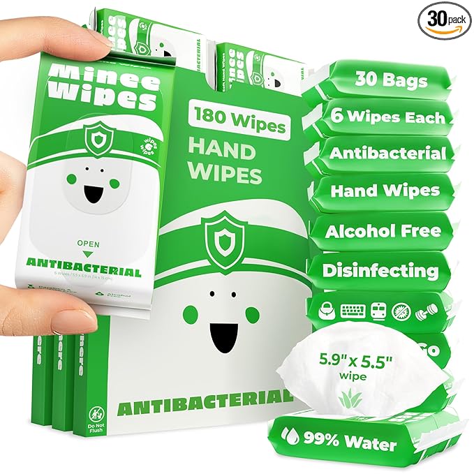 Impossibly Compact Travel Antibacterial Wipes Hand Sanitizer - 99.5% Water and Aloe - Safe for Sensitive Skin & Hypoallergenic Hand Wipes - Travel Essentials For Adults & Kids, 30 Pack Total 180 Wipe