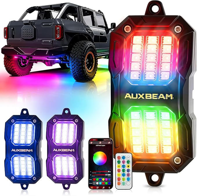 Auxbeam 2 Pods Dynamic Color Changing RGB LED Rock Lights No-Dark-Spot Bluetooth APP&Remote Control Music Voice Sync IP67 Waterproof Wheel Well Lights w/Brake Mode 1 Year Warranty (NO Controller)