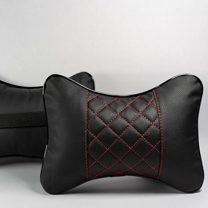 Set of 2 Quilted Faux Leather Car Headrest Pillow, Black Case/Red Threading, Ergonomic Neck Support for Comfortable Driving (Black Base/Red Thread)