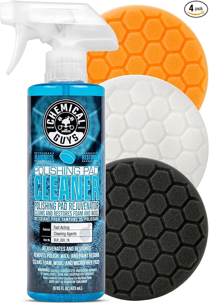 Chemical Guys 6.5" Buffing Pad Sampler Kit - 4 Piece Detailing Set with 3 Professional Foam Pads and 16 oz Polishing Pad Cleaner - Works with Dual Action and Rotary Polishers Using 6" Backing Plates