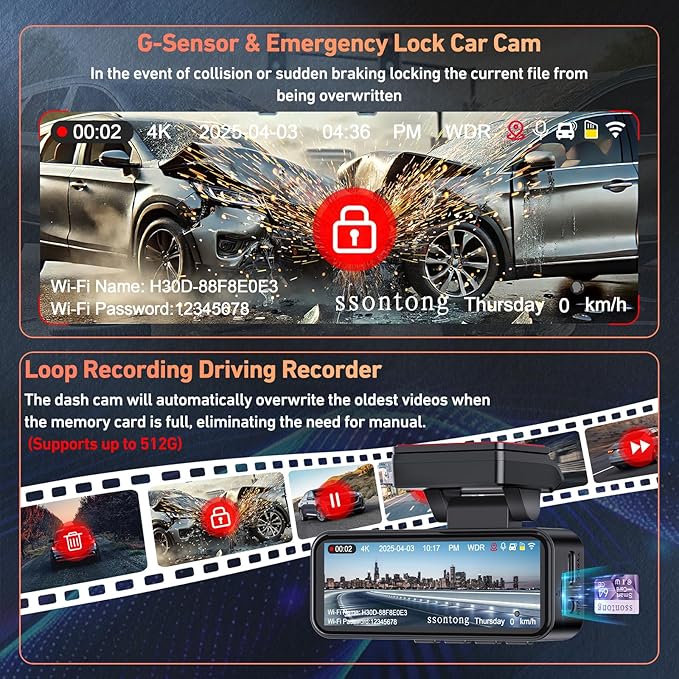 Car Camera - Dash Cam Front and Rear, 4K Dash Camera for Cars Built-in 5.8G WiFi GPS ADAS Dashcam,3.2" IPS Screen Dash Cam with Free 32GB Card,G-Sensor,Loop Recording,WDR,Night Vision Dashboard Camera