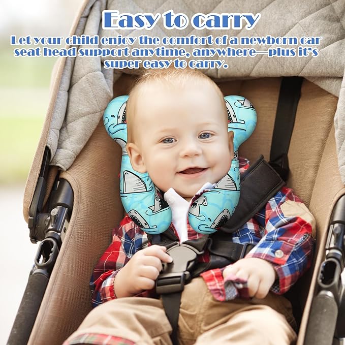 Baby Head Support Pillow for Newborn Toddler, Baby Neck Pillow Upgraded Comfortable Sleep Cushion for Car Plane Stroller Pushchair - Shark B