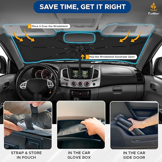 EcoNour Car Windshield Sun Shade | Foldable Car Umbrella Sun Shade | Windshield Cover Sunshade Blocks UV Rays | Sun Visor Protector | Automotive Interior Sun Protection Accessories (Medium 53" x 30")