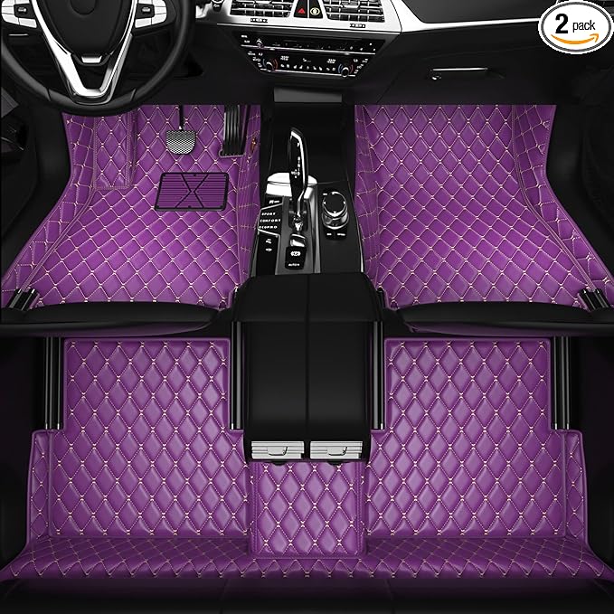 All-Weather car Floor MATS-Suitable for 99% of car Models,Leather car mat, offering Personalized Embroidery and Multiple Color Options,Provide Protection for car Rug (Purple Beige)