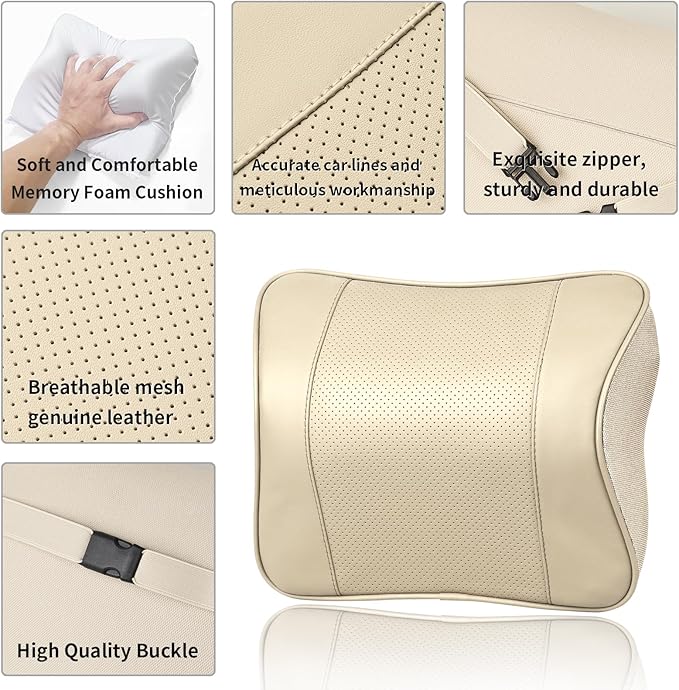 Quintor Genuine Leather Car Neck Pillow,Memory Foam Headrest Cushion, Ergonomic Cervical Support for Tesla Model 3/Y/X, Lexus, BMW- Breathable & All-Season Soft (2 PC)