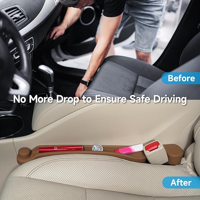 Car Seat Gap Filler Set of 2, 3IN1 Seat Side Gap Filler Plug with Storage Slot & Hook Function, Soft Foam Universal Fit Car SUV Truck Fill Gap Between Seats Console Organizer（Standard Saddle Brown）
