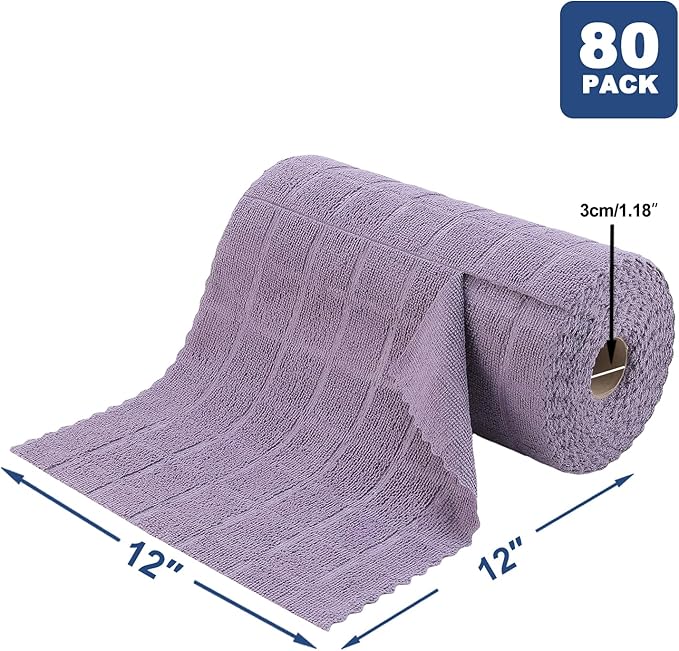 Ferdilan 80 Pack Microfiber Cleaning Cloth Roll,Lint Free Rags Paper Towels & Tear Away Reusable Towels,Washable Shop Rags,Wash Cloths Dish Rags(12" x 12") for Car Kitchen Window Garage-Dark Purple